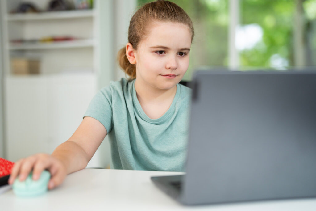 Kid studying mathematics on laptop during e-learning session. Student streaming lesson on modern technology. Child doing schoolwork in home classroom interior. Online education and digital study
